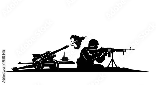 Silhouette of soldier firing machine gun next to artillery cannon and submarine
