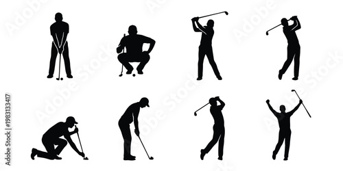 Professional golf player silhouettes set, 8 vector icons of golfers in action, athletic men playing golf with clubs, sports competition graphics