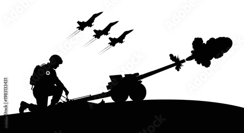 Silhouette of soldier firing artillery with fighter jets flying overhead