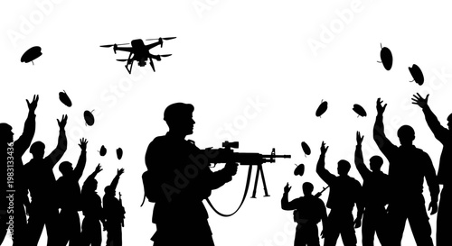 Silhouette of Soldier with Drone and Falling Objects, Military Technology Concept