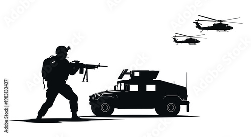 Silhouette of Soldier with Machine Gun and Military Helicopter convoy