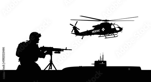 Silhouette of Soldier with Machine Gun, Helicopter, and Submarine on White Background