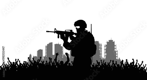 Silhouette of Soldier with Rifle in Urban Warfare Scene with Crowd