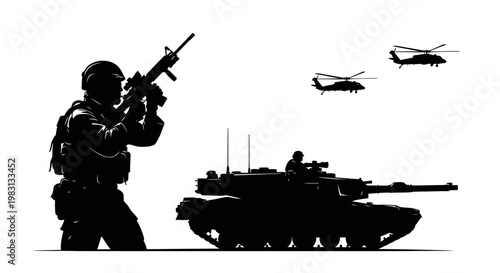 Silhouette of Soldier with Rifle, Tank, and Helicopters in Combat Scene