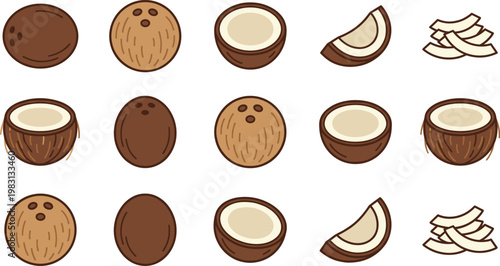 Coconut Icon Set with Whole, Half, Sliced, and Piece Variations for Tropical Food Design, Organic Ingredients, and Healthy Nutrition Concepts