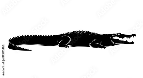 Black Silhouette of an Alligator with Open Mouth on White Background