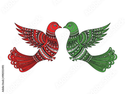 Two decorative birds facing each other with intricate tribal patterns and vibrant color palettes. isolated on white background