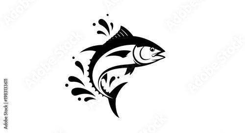 Jumping Tuna Fish Silhouette with Water Splash - Vector Illustration