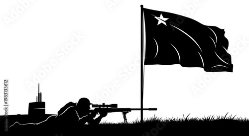 Sniper aiming with submarine and flag silhouette, military concept
