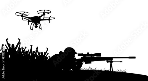 Sniper Aims Drone Surveillance Over Crowd, Military Technology, Surveillance Concept
