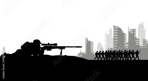 Sniper Silhouette Aiming at Marching Soldiers Amidst Ruined Cityscape