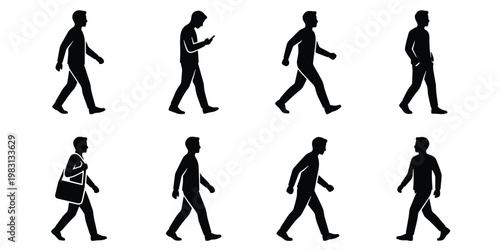 Walking man silhouettes set, collection of 8 male figures in motion, black pedestrian outlines on white background, urban commuter and casual walker vector icons