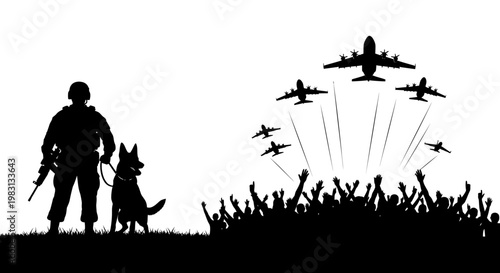 Soldier and Dog Silhouette with Airplanes and Crowd