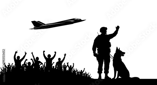 Soldier and Dog Watch Jet Fly Over Cheering Crowd Silhouette