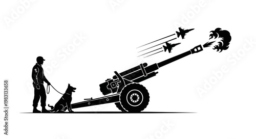 Soldier and Dog with Artillery Cannon Firing Jets