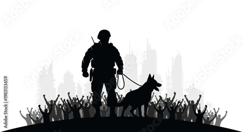 Soldier and Police Dog Silhouette Standing Guard Over Crowd with Cityscape Background