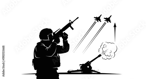 Soldier firing anti-aircraft gun and missile launcher at enemy jets