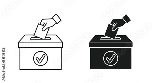 Minimalist vector graphic illustration showing a hand placing a ballot paper into a square voting box to represent the concept of a democratic election process