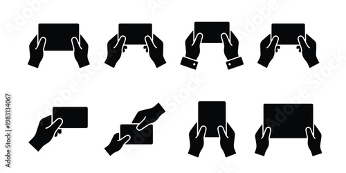 Minimalist business card hand icons, set of 8 black silhouette hands holding cards, professional networking and contact exchange vector elements