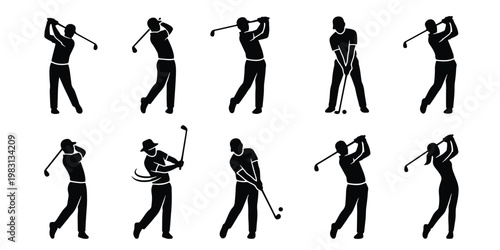 Golf player silhouettes set, professional golfer swinging club vector icons, 10 athletic poses of men and women playing golf, minimalist sports graphics