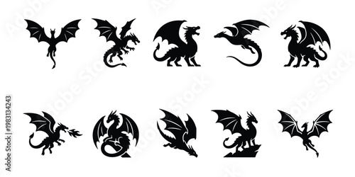 Mythical dragon silhouette collection, 10 fantasy creature vector icons, black flying dragon set, medieval monster graphic elements for gaming and logos