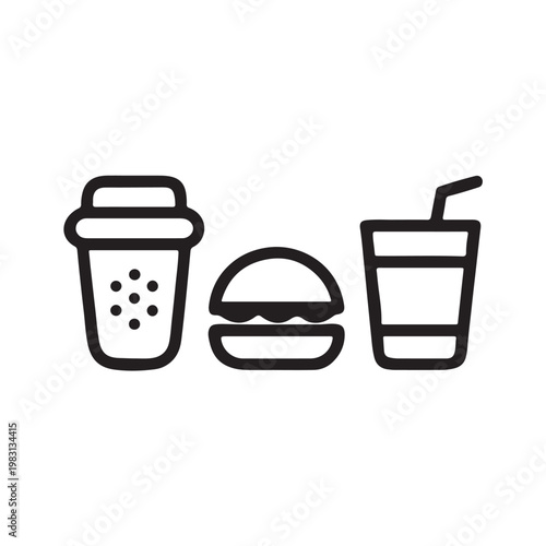 Food and drink icons: coffee, burger, pizza, utensils, black vector flat design