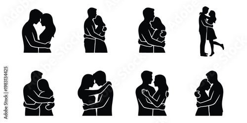Romantic couple silhouettes set, 8 black vector icons of man and woman hugging, intimate lovers embracing in various poses for wedding and dating