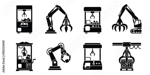 Industrial robotic claw and crane machine icons, set of 8 black vector silhouettes, mechanical arm and arcade grabber equipment for logistics and gaming