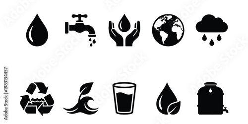 Water conservation icons set, 10 black vector symbols for ecology and environment, sustainable water resource management graphics for web and print