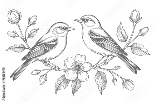 Schilderij op canvas Vintage engraved birds with floral branches in classic ink line art style