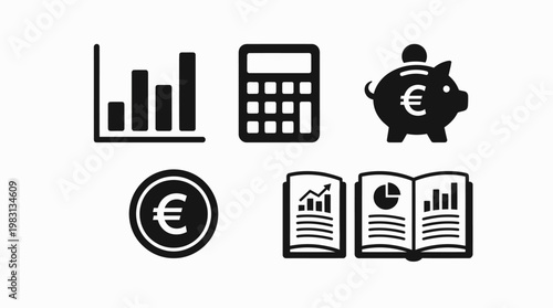 Minimalist finance icons: bar chart, calculator, piggy bank, euro coin, open book with graphs, monochrome professional clarity.