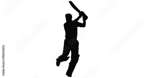 Silhouette of a cricket batsman in mid swing against a white background
