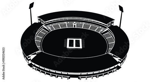 Black and white illustration of a large circular stadium with tiered seating