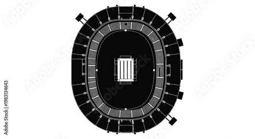 Overhead view of a circular stadium blueprint with detailed seating arrangement