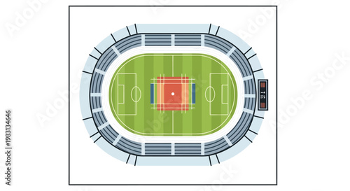 Aerial view of a colorful oval shaped stadium with a green field and seating