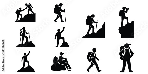 Hiking and mountaineering silhouette icons, set of 10 trekking and climbing vector elements, outdoor adventure and mountain exploration symbols
