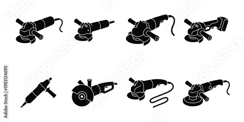 Industrial angle grinder silhouette icons, set of 8 power tool vector elements, professional electric disc grinder equipment for construction and metalworking