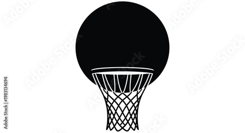 Minimalist black and white illustration of a basketball hoop and net