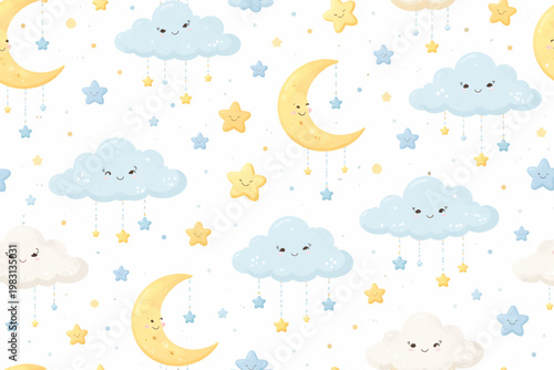 A sweet and dreamy seamless pattern perfect for a nursery or children's bedroom. The design features smiling crescent moons, fluffy blue and white clouds with happy faces, and twinkling yellow stars. 