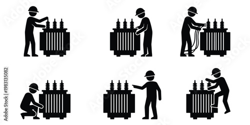 Electrician working on power transformer icons, industrial electrical maintenance set, technician repairing high voltage equipment vector silhouettes
