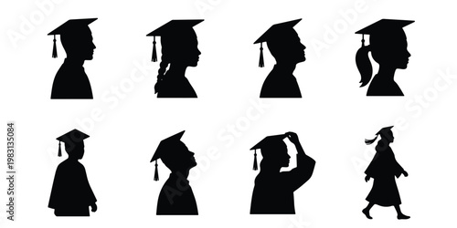 Graduation student silhouettes set, academic cap and gown profile icons, university graduate headshots, 8 black vector elements for education design