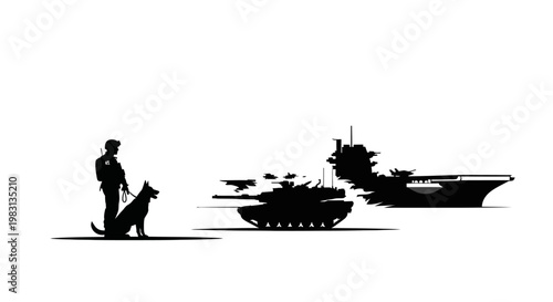 Military Soldier, Guard Dog, Tank, Aircraft Carrier Silhouette - Security and Defense Concept