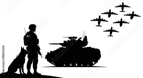 Military Soldier, Guard Dog, Tank, and Fighter Jets Silhouette - War and Security Concept