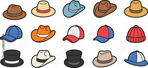 Diverse hat and headwear icon set featuring cowboy hats baseball caps fedoras top hats and beanies for fashion accessory and apparel design concept vector illustration isolated on white background.
