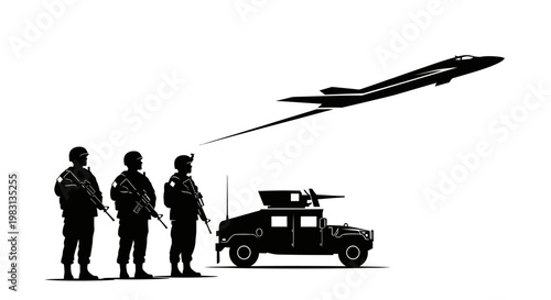 Military Team, Humvee, and Jet Fighter in Silhouette - Modern Warfare and Surveillance