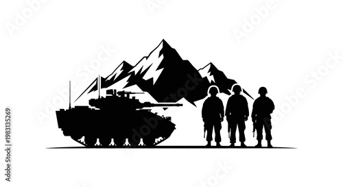 Military Tank and Soldiers Silhouette Against Mountain Peaks - Dramatic Black and White