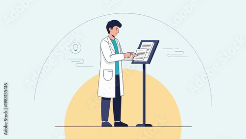 Doctor presenting medical research at a podium with digital interface