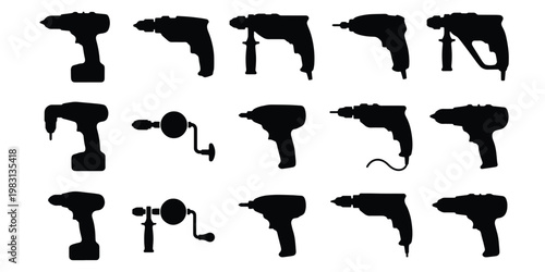 Industrial power drill silhouettes, 15 electric and manual hand drill icons, professional construction tool vector set for hardware store signage