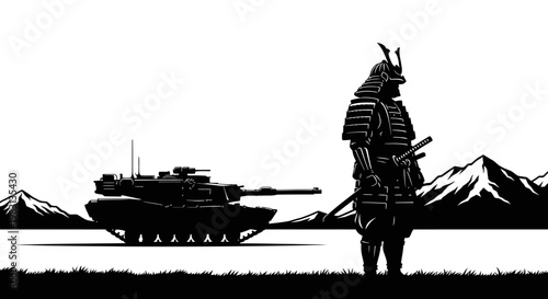 Samurai Warrior and Modern Tank Silhouette - Past Meets Future