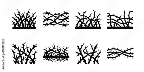 Black thorn bush silhouettes, collection of 8 thorny branch icons, sharp bramble and briar vector elements, prickly thicket plant graphics